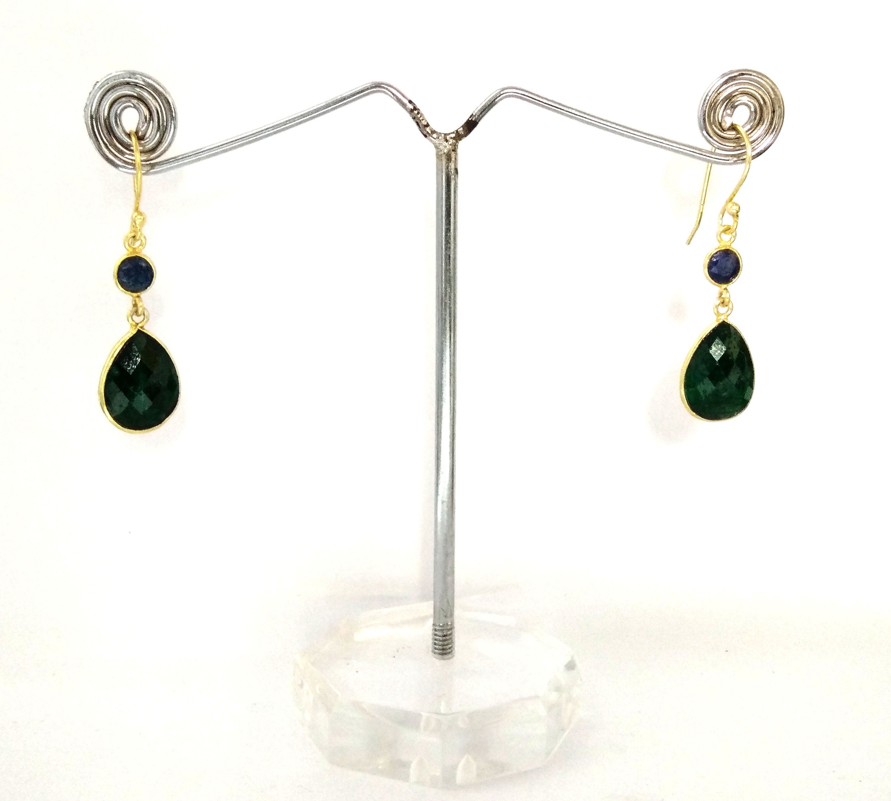 925 Sterling Silver Earring, Natural Emerald & Blue Sapphire With Gold Plated Earring, Beautiful Bezel Earring, For Girls/Women Gift